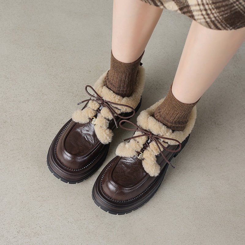 Winter Shaggy Platform Oxford Shoes Lace-Up Sheepskin Leather Casual Shoes in Black/Brown - Image 5