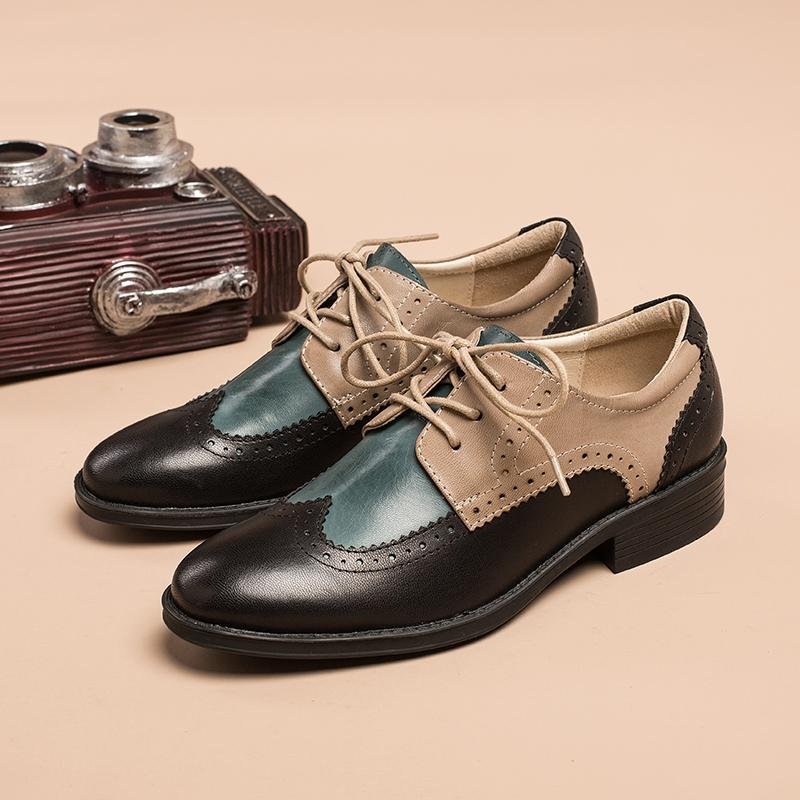 Dwarves Women's Wingtip Shoes Handmade Sheepskin Full Brogues Oxfords & Tie Flats Color Blocking - Image 3