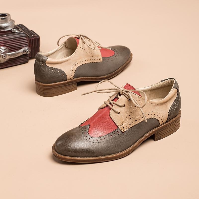 Dwarves Women's Wingtip Shoes Handmade Sheepskin Full Brogues Oxfords & Tie Flats Color Blocking - Image 7