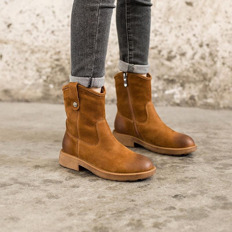 Dwarves Chunky Heel Short Plush Lined Leather Short Boots For Winer Snow Boots in Black / Coffee - Image 7