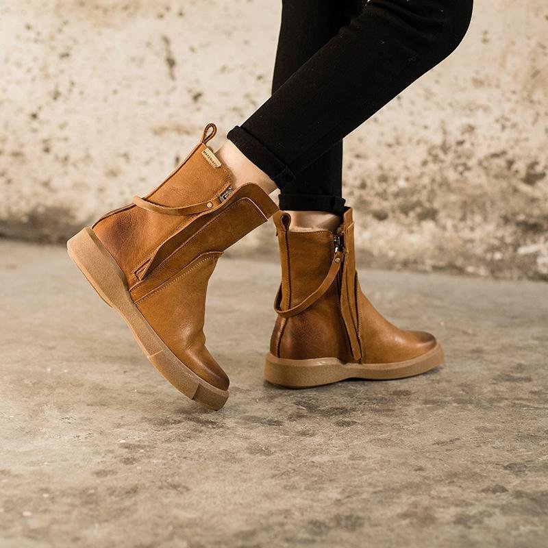 Dwarves Waxing Leather Chelsea Boots Handmade British Boots Double Zip Fleece Lined Snow Boots - Image 4