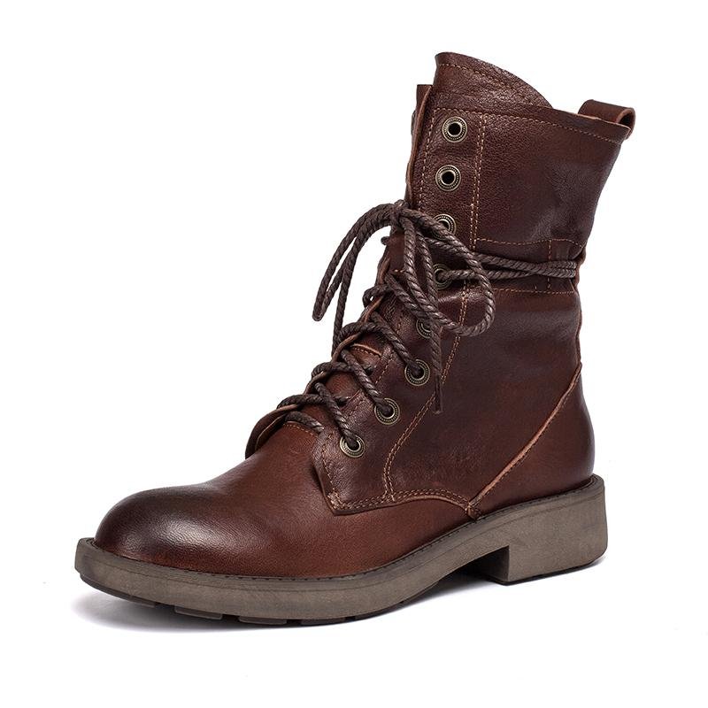 Dwarves Handmade Sheepskin Combat Boots Designer Retro Chunky Riding Boots Coffee/Dark Coffee/Black - Image 10