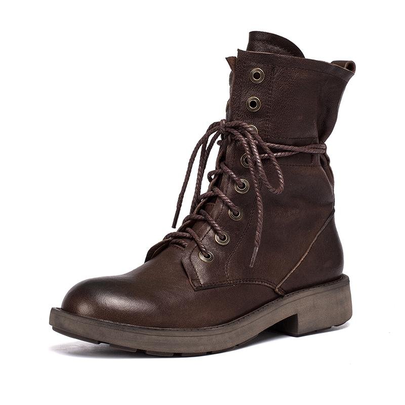 Dwarves Handmade Sheepskin Combat Boots Designer Retro Chunky Riding Boots Coffee/Dark Coffee/Black - Image 11