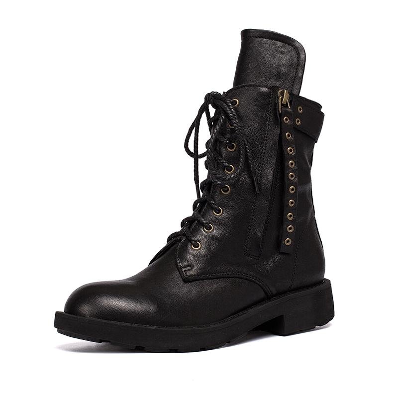 Dwarves Punk Sheepskin Combat Boots Designer Retro Chunky Riding Boots Side Zip Coffee/Dark Coffee/Black - Image 8