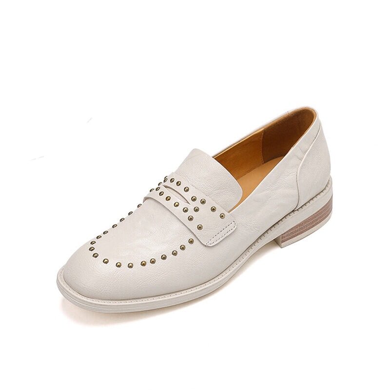 Round Toe Low Block Heel Rivet-embellishment Leather Loafers for Women in White/Brown/Black - Image 8