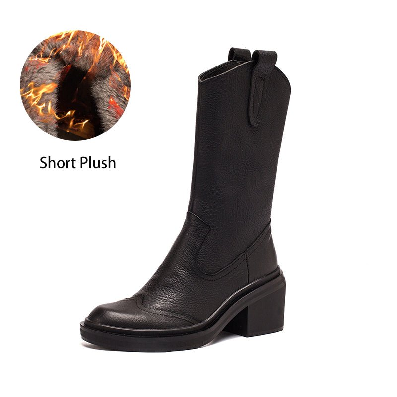 Dwarves Leather Mid Calf Boots High Heel Cowboy Boots Designer Retro Chunky Riding Boots Handmade Short Plush Black/Brown - Image 14