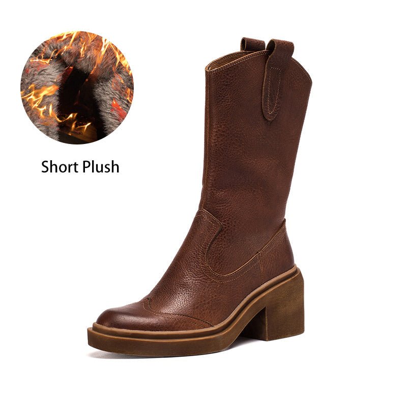 Dwarves Leather Mid Calf Boots High Heel Cowboy Boots Designer Retro Chunky Riding Boots Handmade Short Plush Black/Brown - Image 13