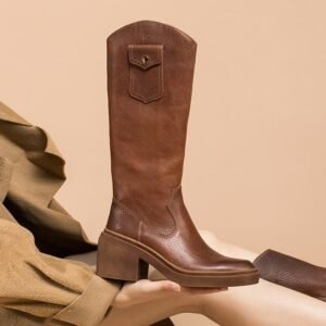 Dwarves Leather Cowboy Boots Designer Retro Chunky Riding Boots Knee High Boots Handmade High Heel Short Plush Black/Brown