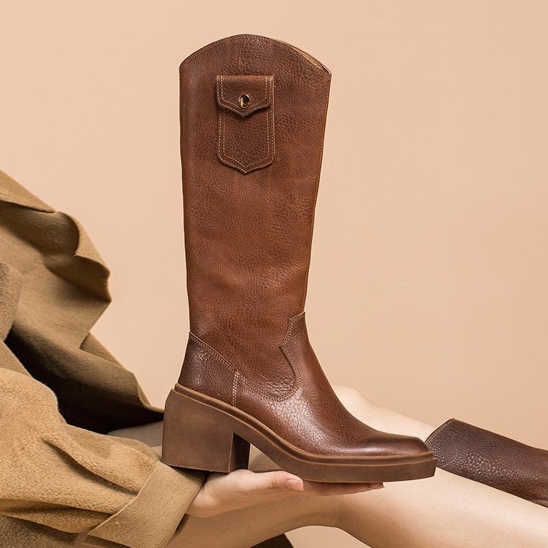 Dwarves Leather Cowboy Boots Designer Retro Chunky Riding Boots Knee High Boots Handmade High Heel Short Plush Black/Brown