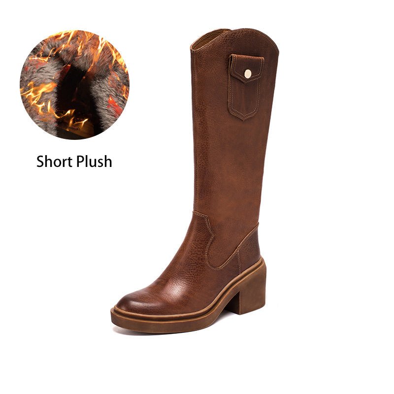 Dwarves Leather Cowboy Boots Designer Retro Chunky Riding Boots Knee High Boots Handmade High Heel Short Plush Black/Brown - Image 18