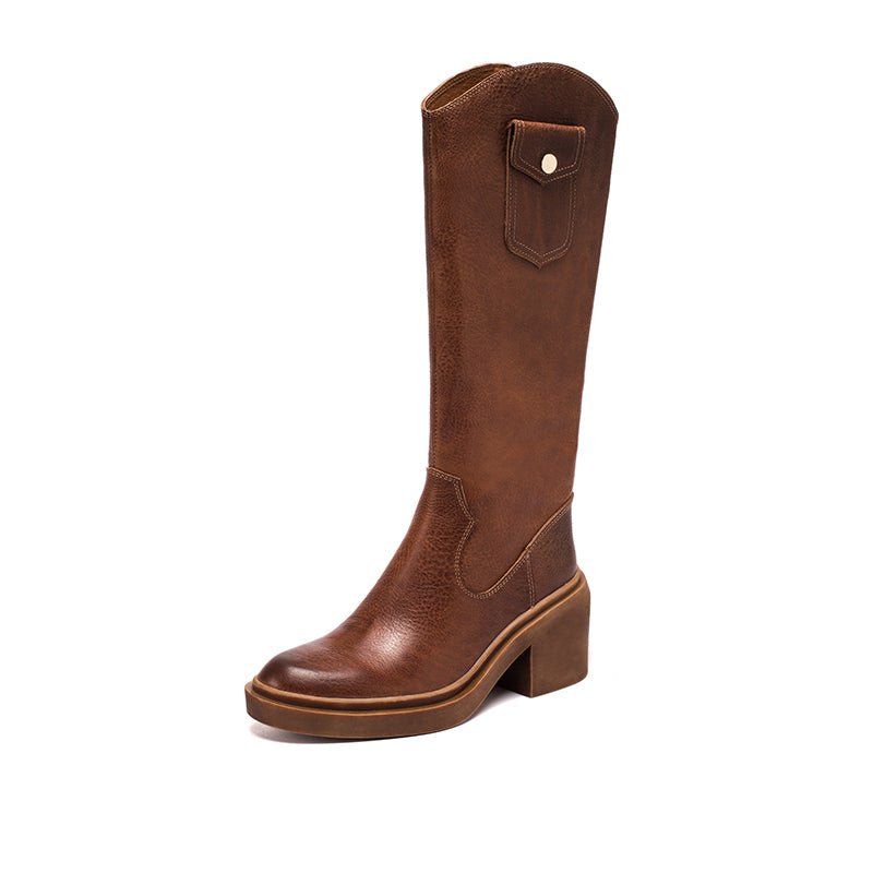 Dwarves Leather Cowboy Boots Designer Retro Chunky Riding Boots Knee High Boots Handmade High Heel Short Plush Black/Brown - Image 15