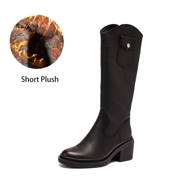 Dwarves Leather Cowboy Boots Designer Retro Chunky Riding Boots Knee High Boots Handmade High Heel Short Plush Black/Brown - Image 17