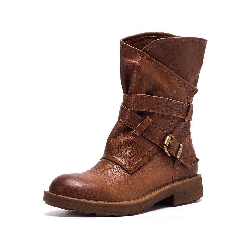 Dwarves Women's Retro Leather Mid Calf Boots for Winter Buckles Boots Coffee/Brown/Black - Image 13