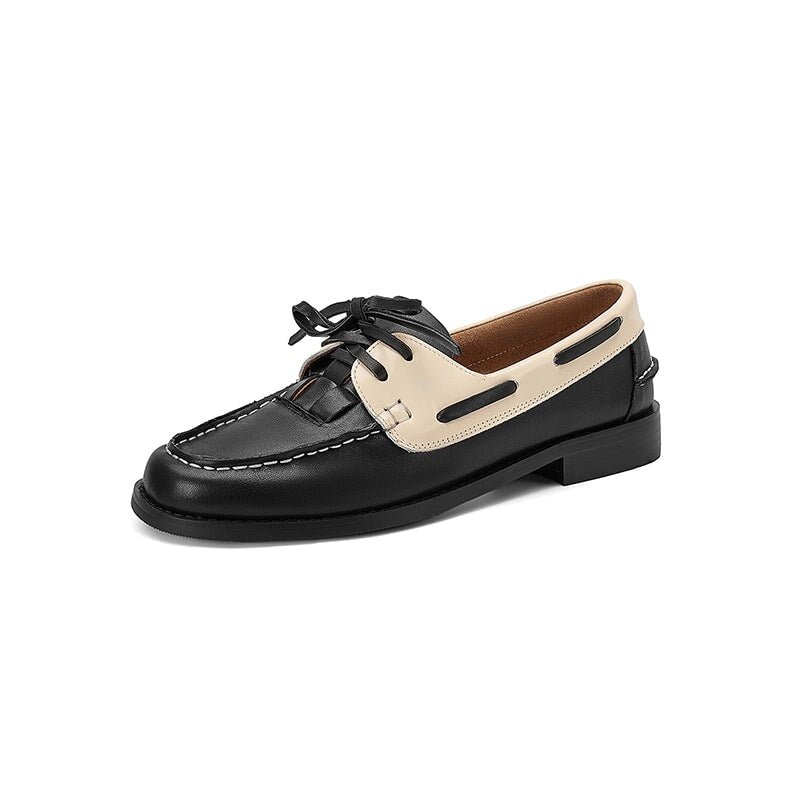 British Style Leather Boat Shoes for Women Contrast Color Lace-Up Loafers in Black/Brown - Image 9