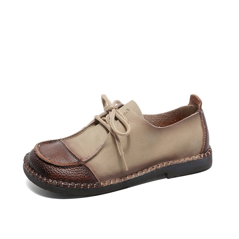 Soft Leather Oxfords & Tie Flats For Women Barefoot Shoes in Brown/Beige Handmade - Image 10