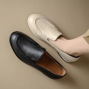 Minimalist Women's Cow Leather Flats Slip On Casual Loafers in White/Black