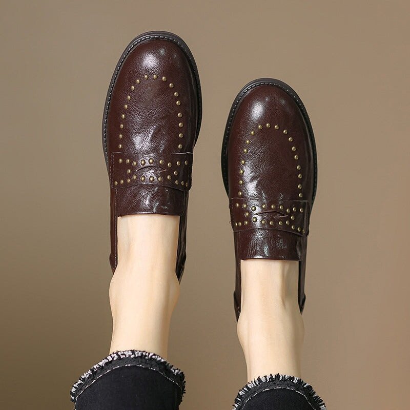 Round Toe Low Block Heel Rivet-embellishment Leather Loafers for Women in White/Brown/Black - Image 4