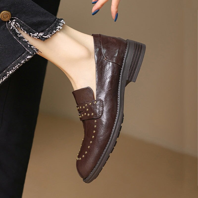 Round Toe Low Block Heel Rivet-embellishment Leather Loafers for Women in White/Brown/Black - Image 5