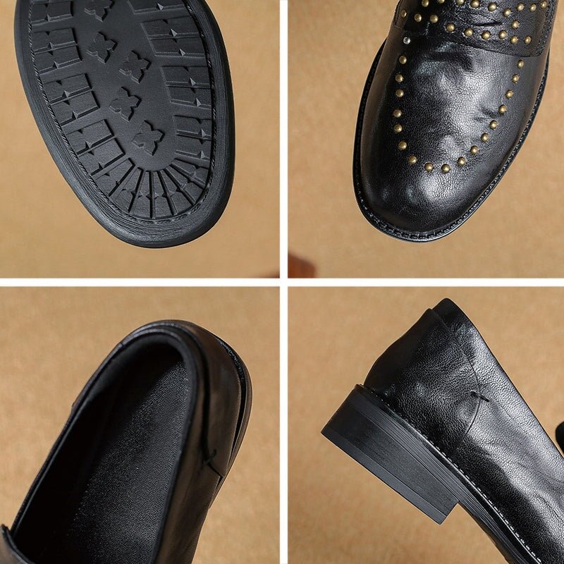 Round Toe Low Block Heel Rivet-embellishment Leather Loafers for Women in White/Brown/Black - Image 11