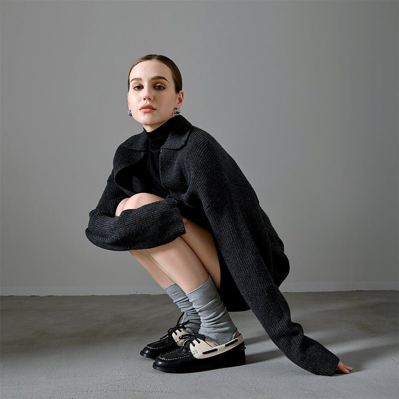 British Style Leather Boat Shoes for Women Contrast Color Lace-Up Loafers in Black/Brown - Image 5