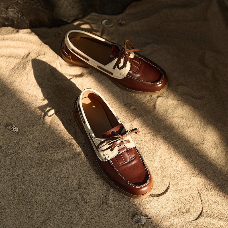 British Style Leather Boat Shoes for Women Contrast Color Lace-Up Loafers in Black/Brown - Image 7