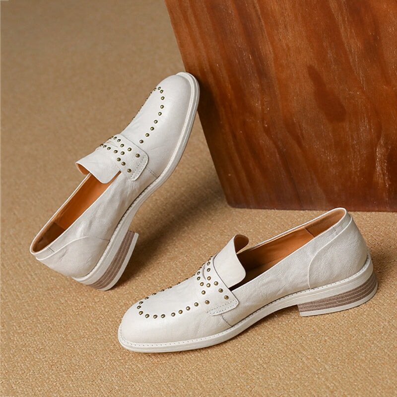 Round Toe Low Block Heel Rivet-embellishment Leather Loafers for Women in White/Brown/Black - Image 3