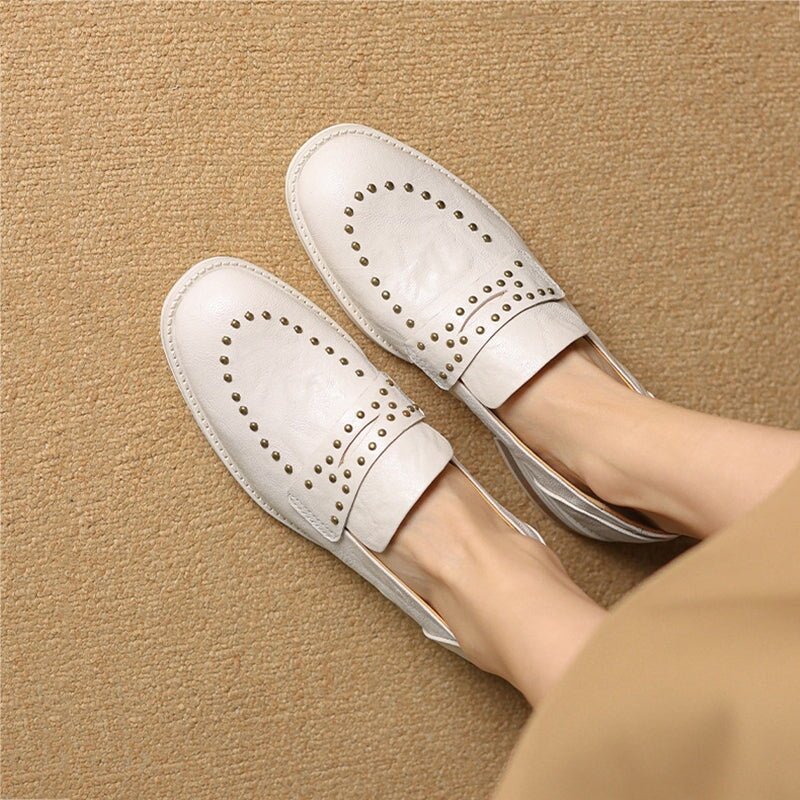 Round Toe Low Block Heel Rivet-embellishment Leather Loafers for Women in White/Brown/Black - Image 7