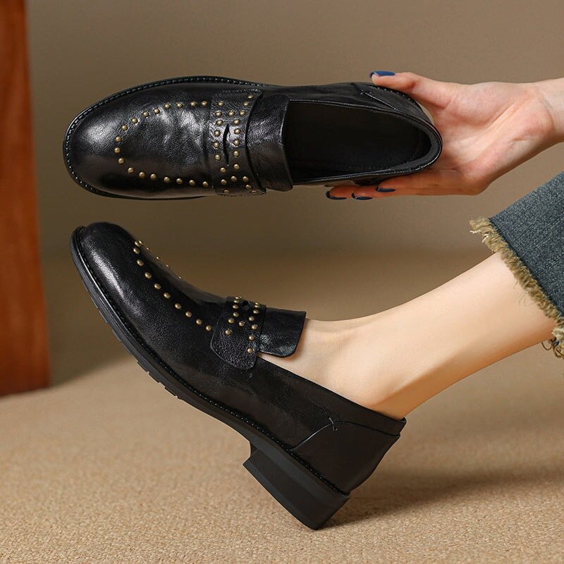 Round Toe Low Block Heel Rivet-embellishment Leather Loafers for Women in White/Brown/Black - Image 6