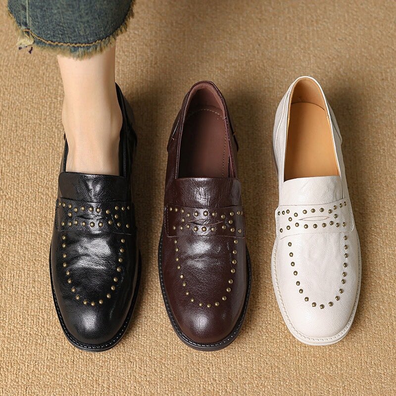 Round Toe Low Block Heel Rivet-embellishment Leather Loafers for Women in White/Brown/Black - Image 2