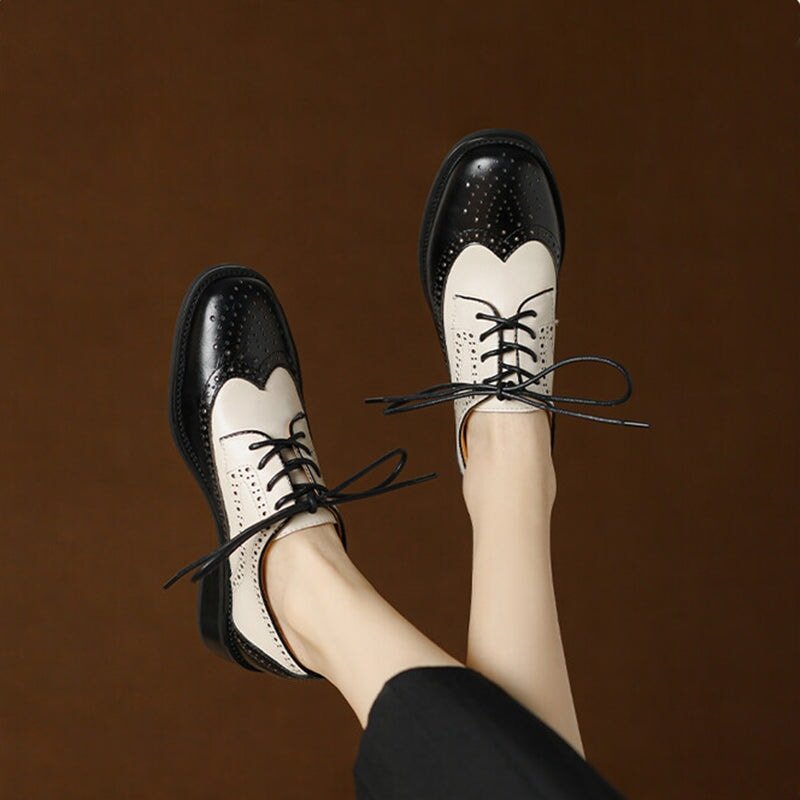 Handmade Cow Leather Color Blocking Full Brogue Oxfords Shoes For Women in Brown/Black - Image 4