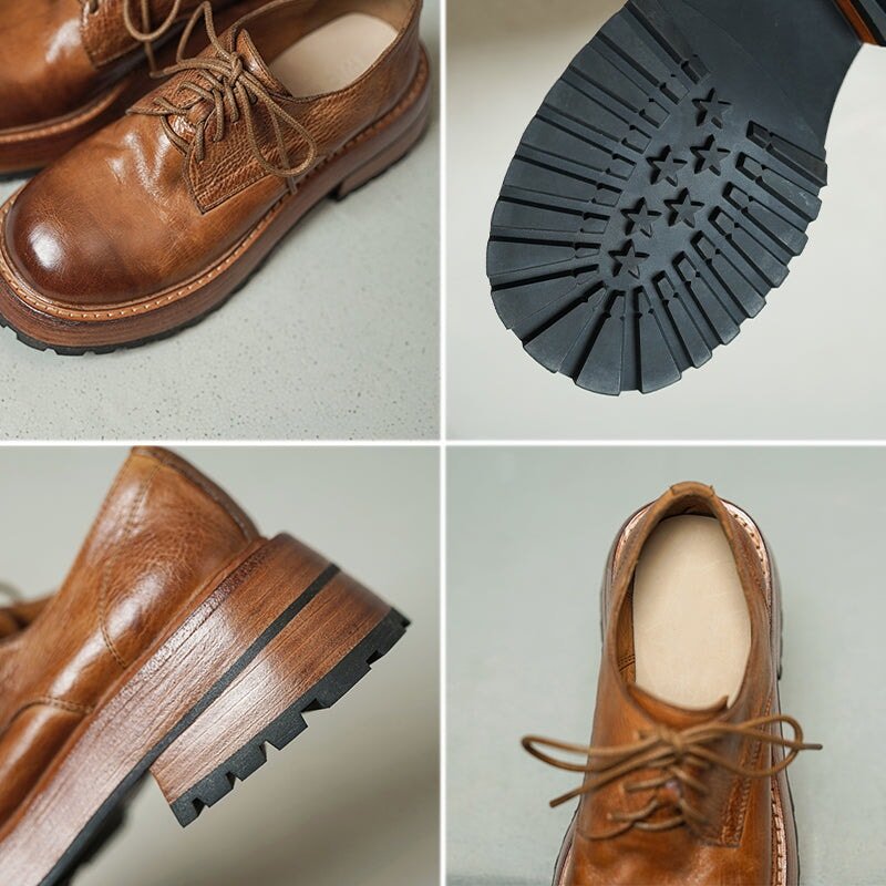 Vintage Handmade Horse Leather Oxford Shoes Women’s Chunky Lace-Up Platform in Black/Caramel - Image 10
