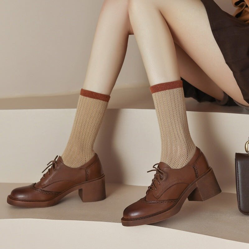 Women Round Toe Lace Up Leather Chunky Brogue Shoes 65mm Block Heel in Brown/Black - Image 4