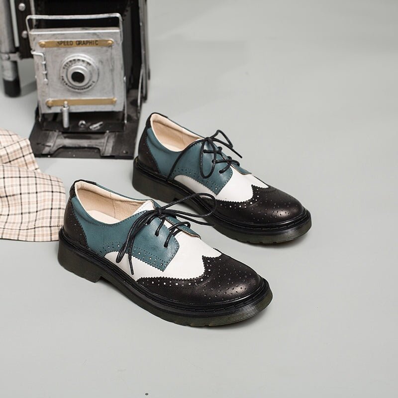 Dwarves Handmade Color Blocking Wingtip Brogues Leather Lace Up Oxfords Shoes For Women Martin Sole 10 Colors - Image 4