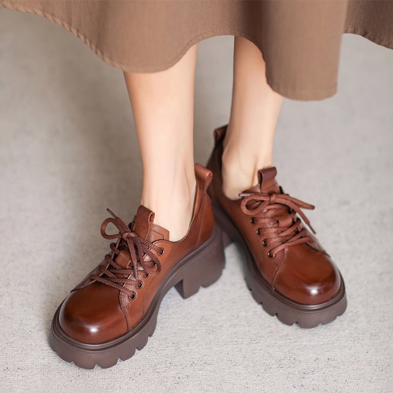 British Style 55mm Chunky Platform Oxford Shoes Cow Leather Lace-Up Loafers in Black/Brown - Image 5