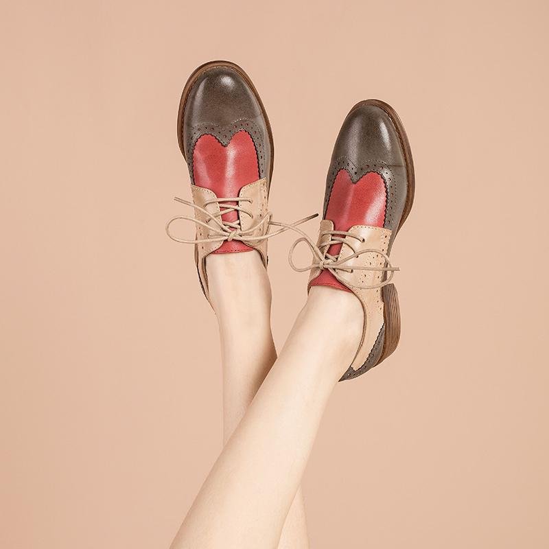 Dwarves Women's Wingtip Shoes Handmade Sheepskin Full Brogues Oxfords & Tie Flats Color Blocking - Image 12