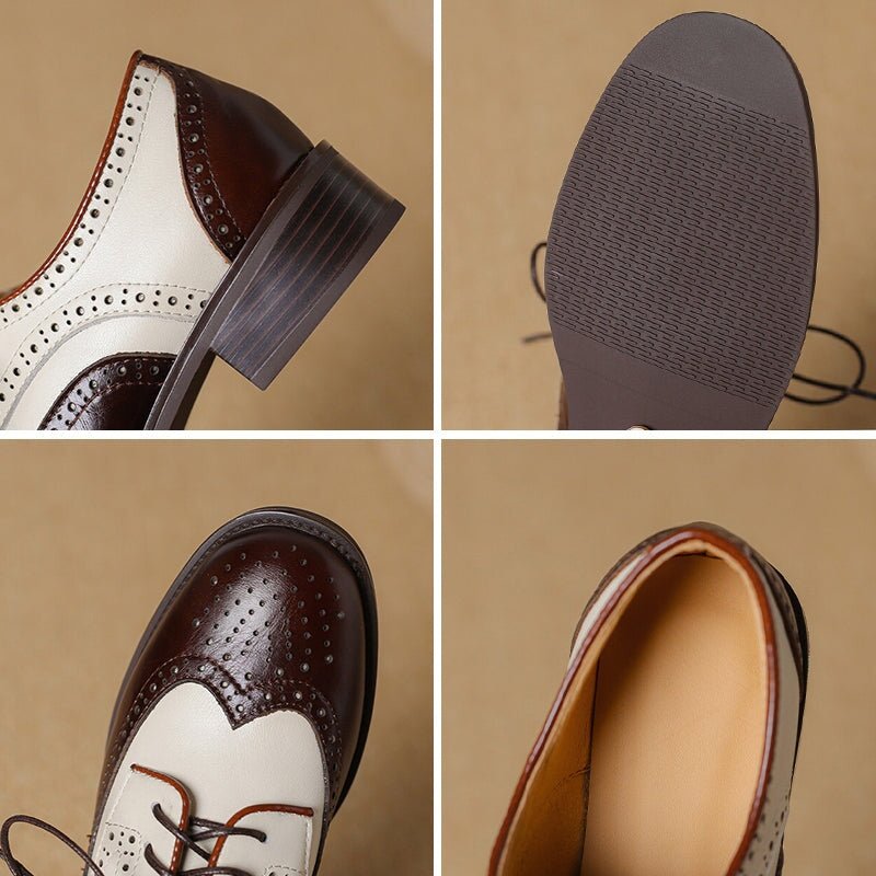 Handmade Cow Leather Color Blocking Full Brogue Oxfords Shoes For Women in Brown/Black - Image 10