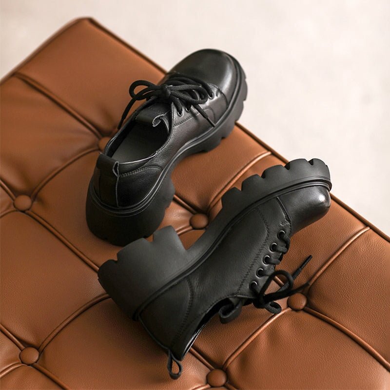 British Style 55mm Chunky Platform Oxford Shoes Cow Leather Lace-Up Loafers in Black/Brown - Image 6