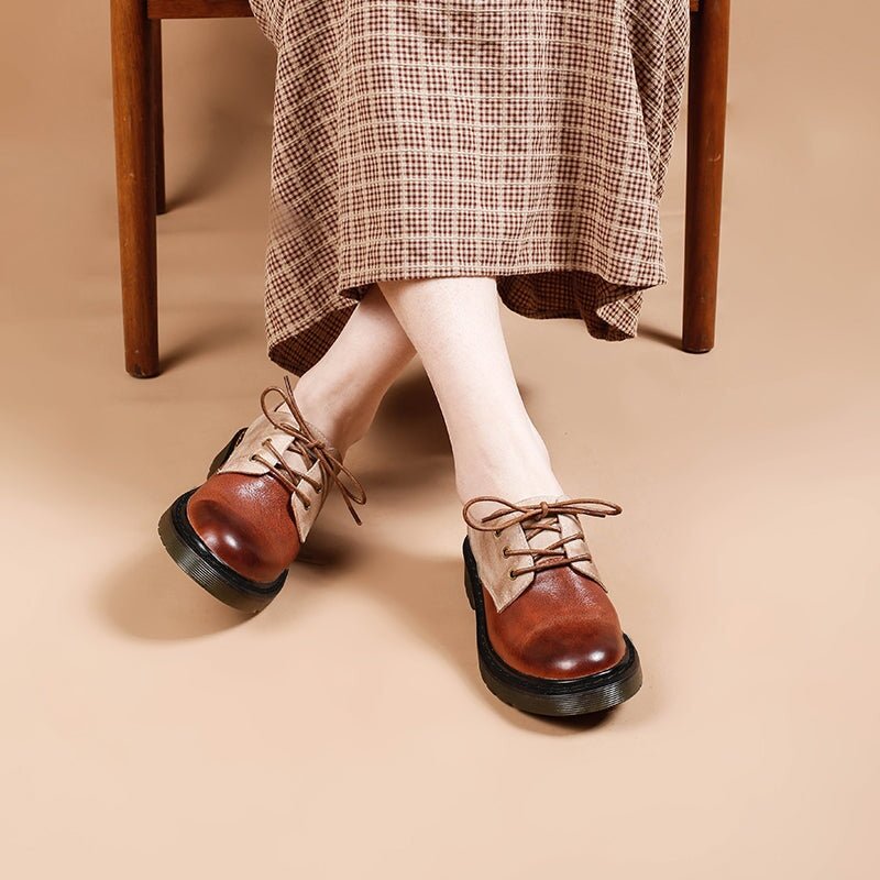Dwarves Women's Handmade Leather Lace Up Oxford Shoes Retro Color Blocking Style - Image 5