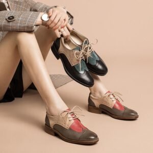 Dwarves Women's Wingtip Shoes Handmade Sheepskin Full Brogues Oxfords & Tie Flats Color Blocking