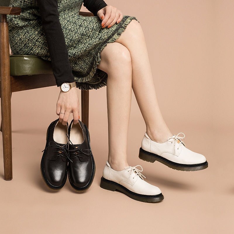 Dwarves Handmade Full Grain Leather Lace Up Oxfords Shoes For Women Martin Sole In White/Black - Image 2
