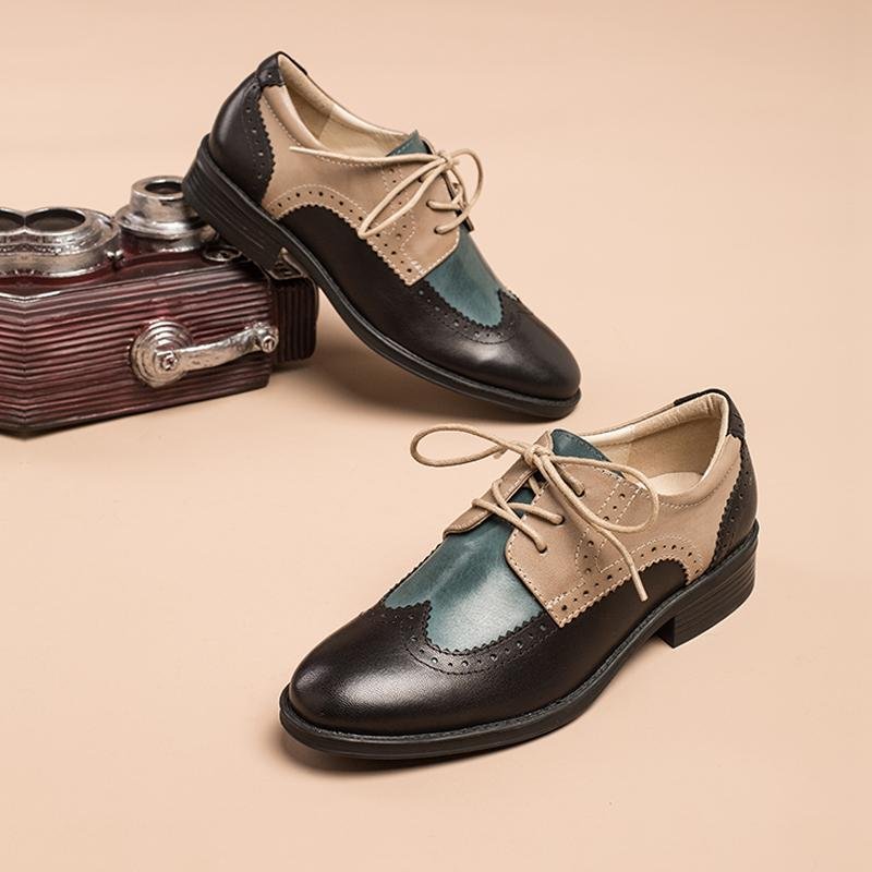 Dwarves Women's Wingtip Shoes Handmade Sheepskin Full Brogues Oxfords & Tie Flats Color Blocking - Image 4