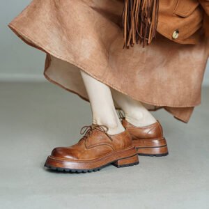 Vintage Handmade Horse Leather Oxford Shoes Women’s Chunky Lace-Up Platform in Black/Caramel