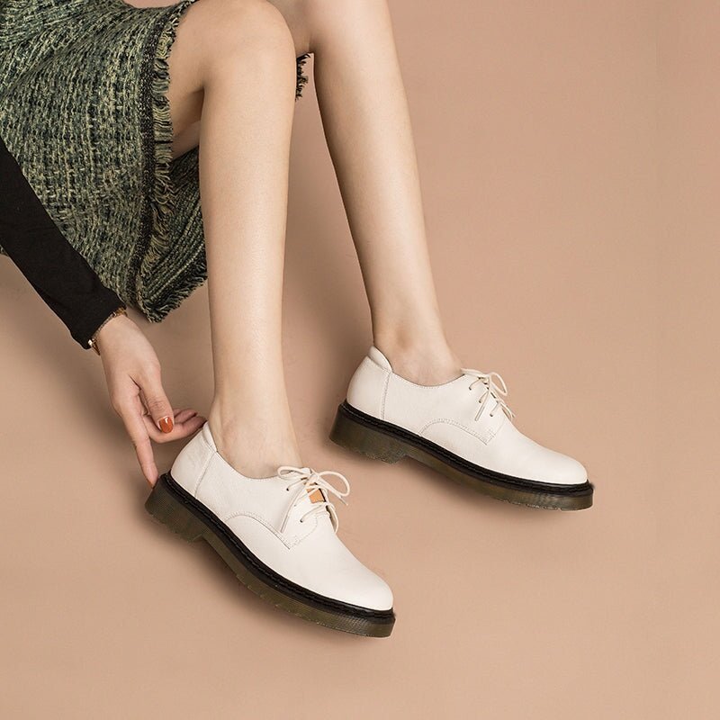 Dwarves Handmade Full Grain Leather Lace Up Oxfords Shoes For Women Martin Sole In White/Black - Image 5