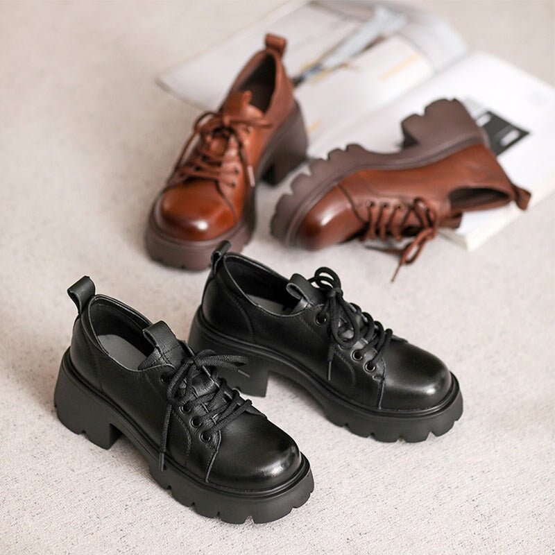 British Style 55mm Chunky Platform Oxford Shoes Cow Leather Lace-Up Loafers in Black/Brown - Image 3