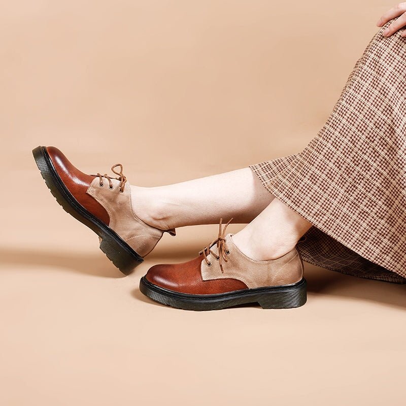 Dwarves Women's Handmade Leather Lace Up Oxford Shoes Retro Color Blocking Style - Image 4