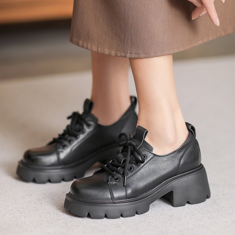 British Style 55mm Chunky Platform Oxford Shoes Cow Leather Lace-Up Loafers in Black/Brown - Image 4