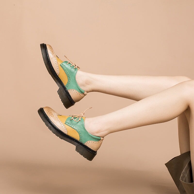 Dwarves Handmade Color Blocking Wingtip Brogues Leather Lace Up Oxfords Shoes For Women Martin Sole 10 Colors - Image 3