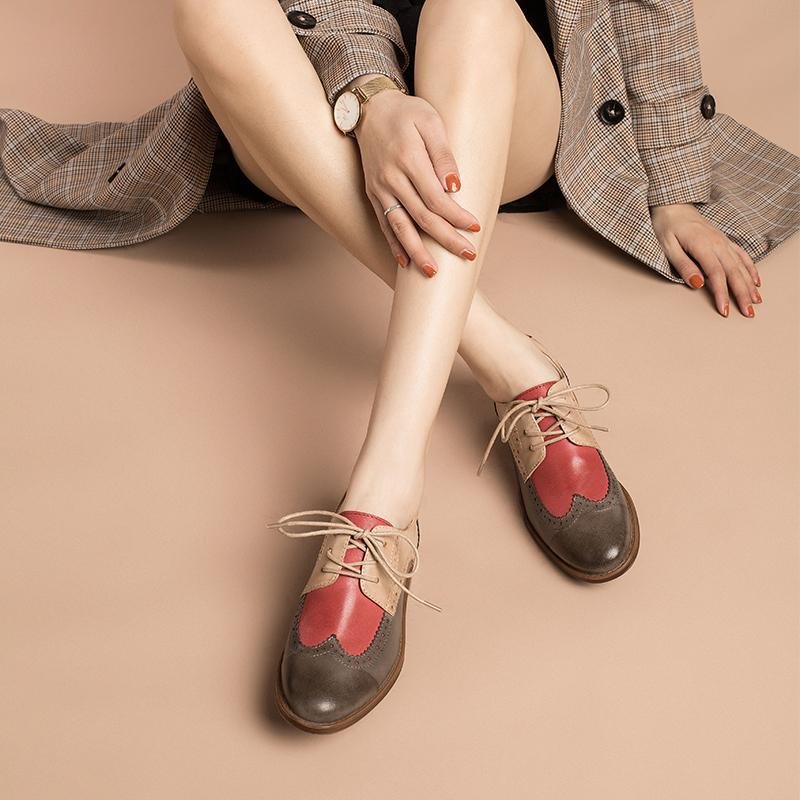 Dwarves Women's Wingtip Shoes Handmade Sheepskin Full Brogues Oxfords & Tie Flats Color Blocking - Image 13