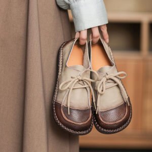 Soft Leather Oxfords & Tie Flats For Women Barefoot Shoes in Brown/Beige Handmade