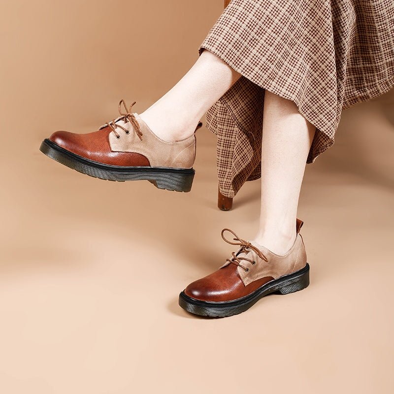 Dwarves Women's Handmade Leather Lace Up Oxford Shoes Retro Color Blocking Style - Image 2